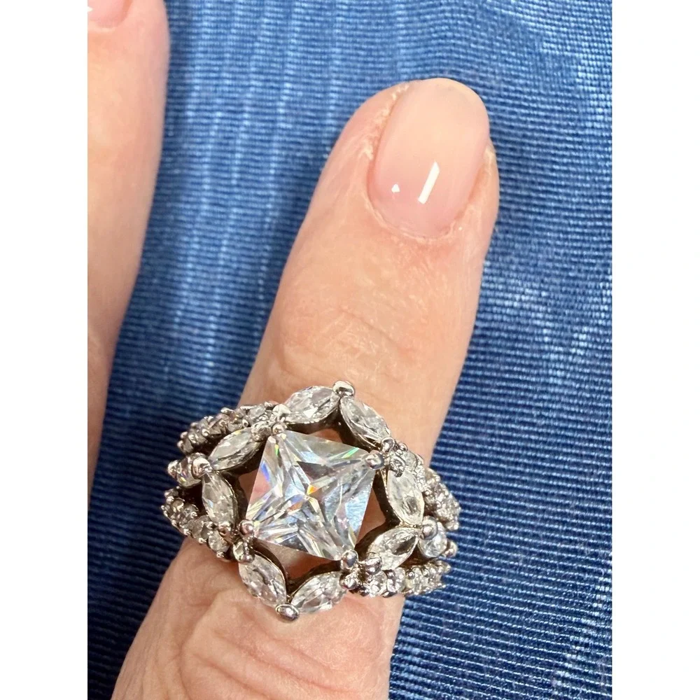 925 Sterling Silver Princess Cut Marquise CZ Statement Cocktail Ring Size 6 3/4